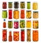 Big collection of tinned preserved vegetables and fruit in glass jars.