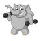 Big collection vector cartoon characters of elephants on an isolated background. Sports, dumbbells in the hands, fitness.