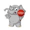 Big collection vector cartoon characters of elephants on an isolated background. Stop sign holds in hands Warning Displeased