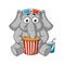 Big collection vector cartoon characters of elephants on an isolated background. Watching movie in 3D glasses eating popcorn