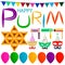 Big colored set different types balloons, mask for jewish Purim