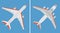 Big commercial plane and cargo airplane isolated on blue background.