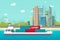 Big container ship sailing in ocean or sea port with lots of cargo containers vector illustration, flat carton shipping