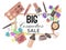 Big cosmetics sale banner vector illustration. Cosmetic products such as lipstick, eye shadows,mascara, eyeliner, nail