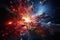 Big cosmic explosion in space in Universe with bright center and swirling blue orange clouds and stars. Moment of Big