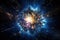 Big cosmic explosion in space in Universe with a bright center and swirling blue orange clouds and stars. Moment of Big