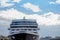 Big Cruise ship on harbor. cruise liner, cruise ship on blue sky background. sea travel, sea journey concept. copy space