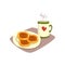 Big cup of hot tea or coffee and tasty homemade fritters on plate. Appetizing breakfast. Cartoon food and drink. Good