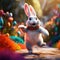 A big and cute Easter bunny runs through a fantastic magical world decorated with Easter eggs. Generative AI