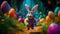 A big and cute Easter bunny runs through a fantastic magical world decorated with Easter eggs. Generative AI