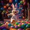 A big and cute Easter bunny runs through a fantastic magical world decorated with Easter eggs. Generative AI