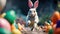 A big and cute Easter bunny runs through a fantastic magical world decorated with Easter eggs. Generative AI