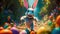 A big and cute Easter bunny runs through a fantastic magical world decorated with Easter eggs. Generative AI