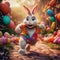 A big and cute Easter bunny runs through a fantastic magical world decorated with Easter eggs. Generative AI