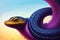 Big cute snake. Beautiful dangerous reptile. Colorful magic snake, cartoon style painting. Generative ai art illustration