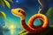 Big cute snake. Beautiful dangerous reptile. Colorful magic snake, cartoon style painting. Generative ai art illustration