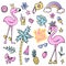 Big cute summer stickers set with flamingos, ice cream, watermelon, pineapple, rainbow, lemonade, cherry.