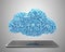 Big data. Blue characters cloud shape. Smart tablet. 3D illustration