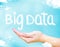 Big data word floating on open hand with light blue sky with cloud, Digital Technology concept