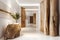 Big decorative stone and wooden tree trunk wall decor in luxury hallway. Rustic decorated home interior design of modern entrance