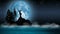 Big deer standing on rocks in the moonlight, night fantasy, full moon in ocean, digital art style, loop animation background