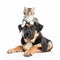 Big dog and cute cat together, kitten lies on head of dog on white background close-up, wonderful illustration