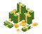 Big dollars stack. Money cash pile and coins, american green bucks stack. Usd currency. Wealth, lottery and economy