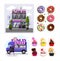 Big donut set. Donuts cafe exterior vector illustration. Flat design of facade. Street food truck with doughnuts. Vector