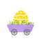 Big Easter egg in cart. Garden Easter wooden wheelbarrow. Flat, cartoon, isolated