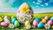 Big Easter egg decorated with flowers inbetween of many pastel colored eggs on a meadow