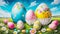 Big Easter eggs decorated with flowers inbetween of many pastel colored eggs on a meadow