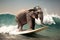 Big elephant surfing the wave. Amazing image of a large mammal on a surf table. Generative AI