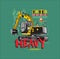 Big excavator in action. Vector cartoon illustration