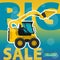 Big excavator sale. Bagger discount background. Design template. Digger label.