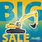 Big Excavator Sale. Digger Sale. Construction Machinery Sale. Discount Background.