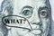 Big-eyed Benjamin Franklinâ€™s face with a hundred-dollar bill says â€œWhat?â€, Symbol of inflation, currency appreciation,