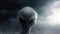 Big eyed gray alien standing in front of dark clouds, spooky non-human UAP. Generative ai