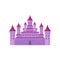 Big fairy tale castle with high towers and conical roofs. Pink medieval fortress. Flat vector for children book