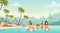 Big Family Swimming Holiday Sea Seaside Summer Vacation Parents With Two Children