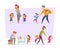 Big family. Tired parents with crazy happy funny active kids in action poses. Vector people father mother children