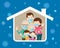 Big family  wearing a surgical mask to prevent virus in house icon