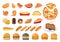 Big fast food set of vector icons in cartoon style. Street dinner junk menu. Burger, pizza, meat, hot dog, dessert.