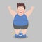 Big Fat Man happy standing on electronic scales for weight Body weight, celebrating and cheering a weight loss goal achievement,