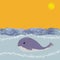 Big fat purple whale swims in a strong current in the blue sea . The sun is shining over the sea and the sky is orange colored .