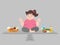Big fat woman consider to choose between junk food or good food, diet cartoon
