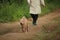 Big fat woman walking in the park with a Shar-Pei