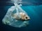 Big fish trapped in a plastic bag due to ocean pollution