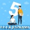 Big Five number. White numbers illustration with young people.