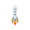 Big flying rocket with engine fire. Space ship for traveling through universe. Gray spacecraft with blue windows. Flat