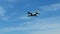 Big freighter aircraft AN-70 on flight. Military airplane in sky